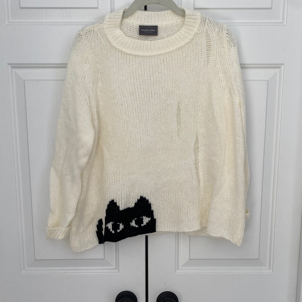 Wooden Ships Cream Sweater with Black Cat Design
